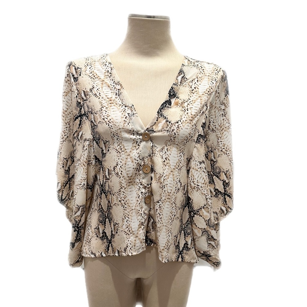 Animal print Snakeskin blouse by Karlie with wood buttons and oversized sleeves